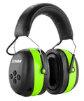 Bluetooth Hearing Protection With 25dB NRR And 1500mAh Rechargeable Battery, 40 Hour Playback, Wireless Ear Muffs For Mowing Snow Blowing Construction And Workshops, Stable Bluetooth 5.3 Connection And Hi Fi Sound. Black and green wireless ear muffs with control buttons visible.