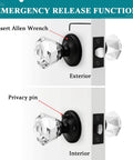 Six Pack Crystal Privacy Door Knobs With Lock Diamond Faceted Glass Black Interior Keyless Emergency Release Function