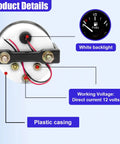 Image of the 2 Inch 52mm 12V Gas Gauge Kit with nuts and bracket, featuring a black pointer and white backlight.