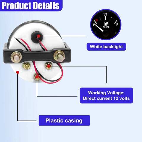 Image of the 2 Inch 52mm 12V Gas Gauge Kit with nuts and bracket, featuring a black pointer and white backlight.
