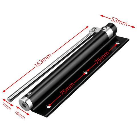 Heavy Duty Aluminum Door Closer With Adjustable Spring measurements visible, black finish, displaying length of 163mm and width of 53mm.