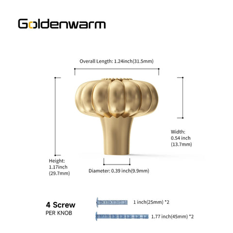 Six Pack Gold Dresser Knobs For Drawers And Cabinets Hardware Pulls In Brushed Brass Vintage Luxury Finish with dimensions and screws