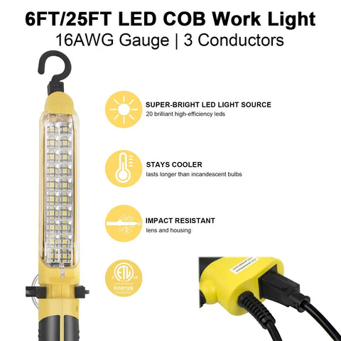 Handheld Corded Work Light With Magnetic Base And Dual 360 Degree Hooks, ETL Listed 16 AWG Drop Light for versatile use