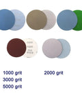125mm Hook Loop Sanding Discs 100Pcs 5 Inch Flocking Sandpaper Grit Range 1000-5000 displayed in various grit levels.