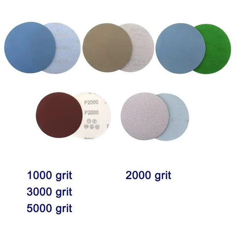 125mm Hook Loop Sanding Discs 100Pcs 5 Inch Flocking Sandpaper Grit Range 1000-5000 displayed in various grit levels.