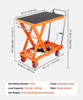 Angled front view of orange hydraulic lift table cart with black non-slip top and four caster wheels.