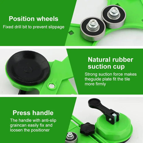 Adjustable Diamond Hole Saw Set With Double Suction Cup Guide Jig showing position wheels and natural rubber suction cups for stability.