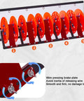 Pro Grade Durable Metal Wire Dispenser Rack With Wheels For Easy Mobility with orange cable reels and detailed brake plate.