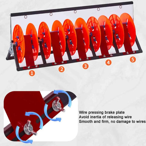Pro Grade Durable Metal Wire Dispenser Rack With Wheels For Easy Mobility with orange cable reels and detailed brake plate.