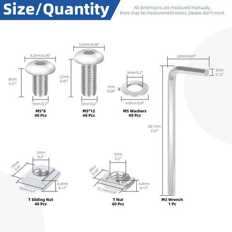 Kickass M5 T Slot Nuts And Button Head Socket Cap Screws Kit For 2020 Aluminum Extrusion components with dimensions and quantities displayed.