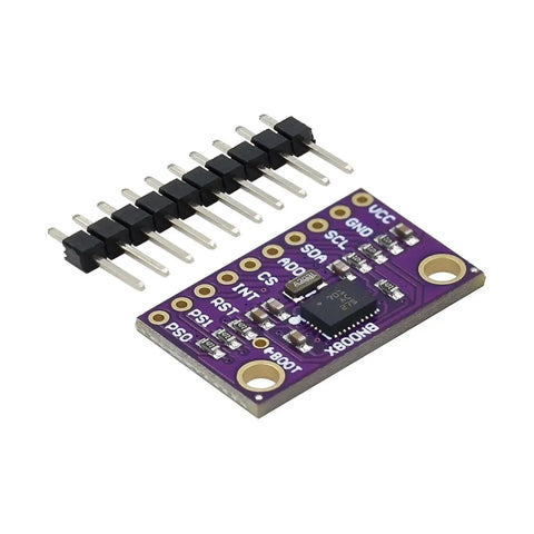 9DOF Sensor Module With BNO080 BNO085 For DIY Robotics And Embedded Projects Ultra Accurate 9 Axis IMU With Gyro Accelerometer And Magnetometer I2C And UART Compatible Ideal For Drones Wearables And Prototyping. Purple PCB IMU module with pin header