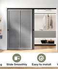 8 Ft Bypass Double Sliding Pocket Door Hardware Kit in Aluminum and Black Modern Style installed in bedroom with concealed track
