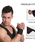 Weightlifting Wrist Wraps 2 Pack For Stability And Support shown with reinforced thumb loops and strong adhesion on a man's wrist.