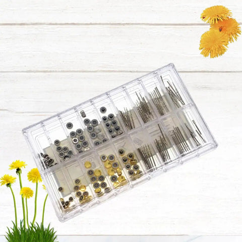 Pro Grade 170Pcs Watch Crown And Spring Bar Replacement Kit in plastic case with assorted crowns, stems, tubes, and pins