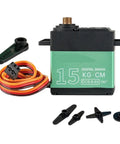 Tough As Nails Digital Metal Gear Servo Packing Serious High Torque Muscle Inside Fully Waterproof Shell With Precise Ninety Degree Sweep For RC Projects That Glide Real Smooth Over Bumpy Roads, 15kg digital servo with accessories.