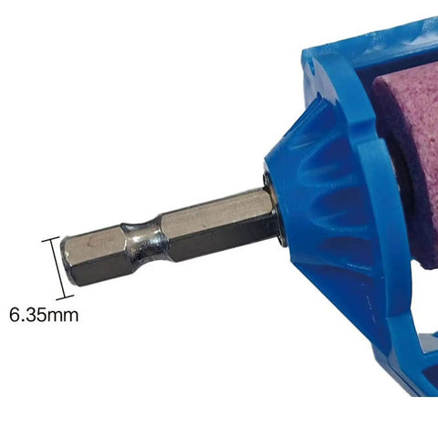 Close-up of 6.35mm hex shank on Rugged Cordless Angle Grinder Kit attachment for high-speed cutting and metal polishing.