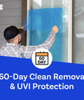 Man applying Blue Window Protection Film 24 Inch By 600 Feet For Construction Self Adhesive Temporary Glass Protection Tape Made In The USA