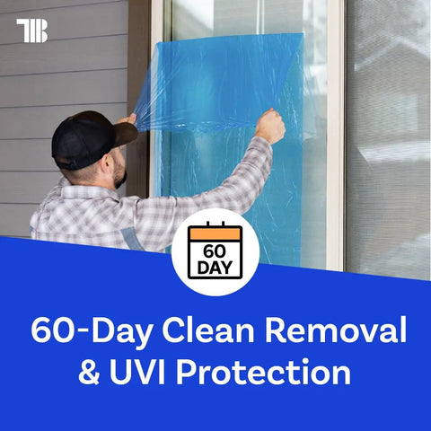 Man applying Blue Window Protection Film 24 Inch By 600 Feet For Construction Self Adhesive Temporary Glass Protection Tape Made In The USA