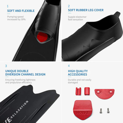 Long Blade Diving Fins For Freediving And Spearfishing, Scuba Swimming Training Gear with replaceable polypropylene blades and TPR foot pocket displayed with red accessories