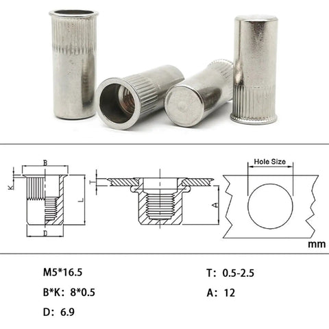 Heavy Duty Shop Grade 304 Stainless Steel Countersunk Rivet Nuts M5 X 16mm Threaded Inserts With Knurled Grip For Complete Auto Resto And Serious Daily Drives