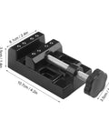 Universal Mini Drill Press Vise Clamp Set For Jewelry Making Watch Repair And DIY Craft Carving On A Table Bench Or Bed Top With 0-2 Inch Capacity 0-55mm 6 Piece Durable Clamp, black cast aluminum shown with dimensions.