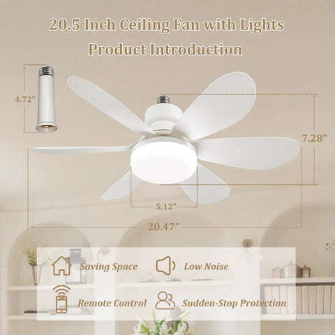 Compact 20.5 Inch Ceiling Fan With Built In Light And Wireless Remote featuring six ABS blades, perfect for small spaces.