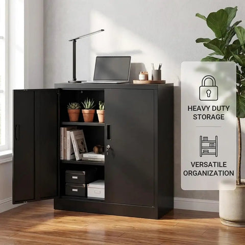 Heavy Duty Metal Storage Cabinet With Locking Doors And Adjustable Shelves, 36 Inch Tall Steel Cabinet for Home Office, Black Finish