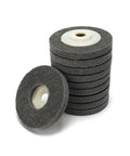 5 Pack 4 Inch Gray Nylon Fiber Polishing Wheels With 16mm Bore stacked for metal surface prep and buffing jobs.
