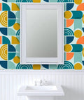Top Shelf Modern Geometric PVC Free Professional Wallcovering Durable Polyester Linen Finish in vibrant bathroom setting.
