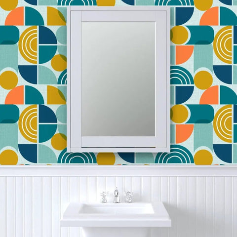 Top Shelf Modern Geometric PVC Free Professional Wallcovering Durable Polyester Linen Finish in vibrant bathroom setting.