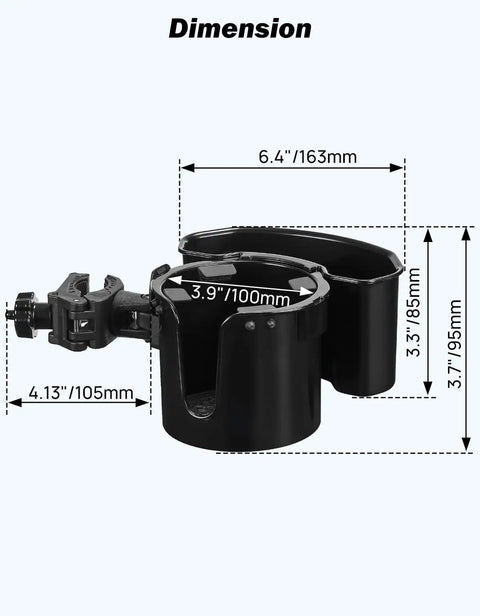 Dimensions of Wheelchair Cup Holder With 6.4 Inch Storage Box And 2 In 1 Design, black plastic with handle, 360° rotation