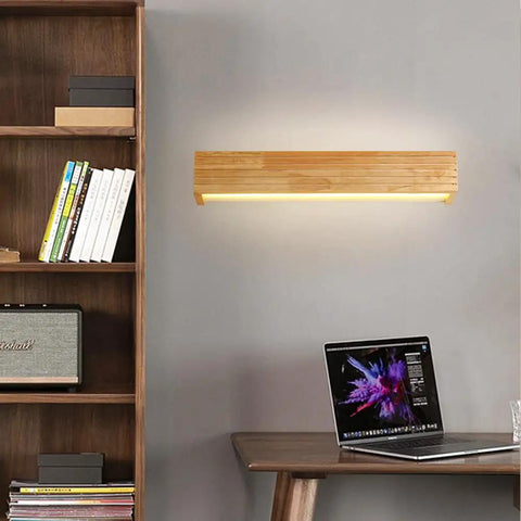 Hardwired Wood Led Wall Sconce,Modern Minimalist Rectangle Vanity Light,Updown 6000k for Living Room Bedroom Hallway (55cm) mounted above desk.
