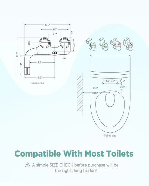 Diagram showing dimensions of Ultra Slim Bidet Attachment For Toilet With Dual Nozzles For Feminine And Posterior Wash