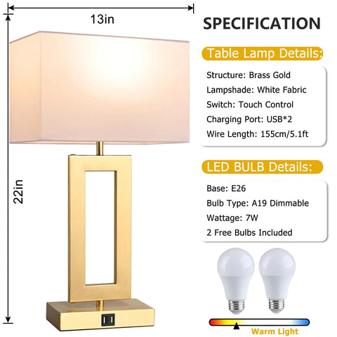Set Of 2 22 Inch Touch Control Table Lamps With Dual USB Ports, 3-Way Dimming, Sleek Gold And White Nightstand Lamps, LED Bulbs Included