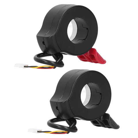 Black thumb throttle for electric scooters with Hall sensor, showing red and black finger grips, universal fit for most models.