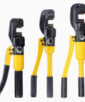 Heavy Duty Portable Hydraulic Rebar Cutter And Crimping Tool With Non Slip Grip Handle, showcasing three tools with yellow handles.