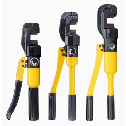 Heavy Duty Portable Hydraulic Rebar Cutter And Crimping Tool With Non Slip Grip Handle, showcasing three tools with yellow handles.