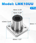 Rock Solid LMK10UU Linear Ball Bearings with 10mm Bore and 19mm OD featuring round flange design, showing detailed measurements.