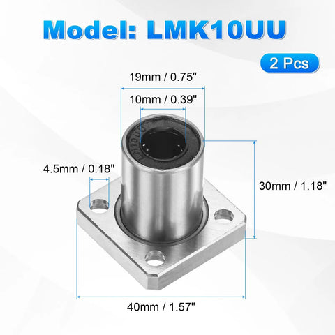 Rock Solid LMK10UU Linear Ball Bearings with 10mm Bore and 19mm OD featuring round flange design, showing detailed measurements.
