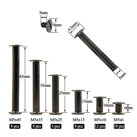 Rock Solid Heavy Duty M5 Chicago Screws Kickass 60 Pair Black Phillips Binding Post Set For Scrapbook Photo Albums And Leather Purse Belt Repair With Six Assorted Lengths showing various lengths and sizes