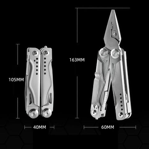 Everyday Carry 18 In 1 Multitool Pliers With Ergonomic Handle Stainless Steel Pocket Tool dimensions shown with closed and open views.
