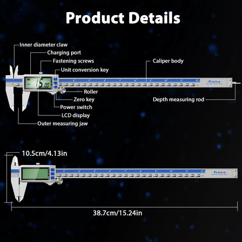 12 Inch Digital Caliper With Rechargeable Stainless Steel Body, Type C Charging, Auto On Off, Quick 50 Minute Charge For Months Of Everyday Use, Ideal For Woodworking, Metalworking, And DIY Projects, Precise Measurements Every Time, shown with labeled parts and 12 in scale
