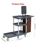 Side view of Heavy Duty 3 Shelf Cleaning Cart On Wheels With Cover And Vinyl Bag, featuring dimensions and storage space for janitorial use.