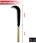 Badass Leather Wrapped Slasher Crescent Outdoor Bamboo Sickle Scythe Machete Knife with dimensions 11.75 in blade, 8.5 in handle