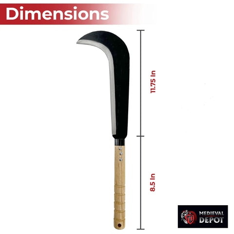 Badass Leather Wrapped Slasher Crescent Outdoor Bamboo Sickle Scythe Machete Knife with dimensions 11.75 in blade, 8.5 in handle