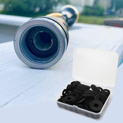 100 Pcs Black Flat Rubber Washers Kit With 5 Sizes 16 18 20 25 30mm and shower head; kit box open, washers visible.