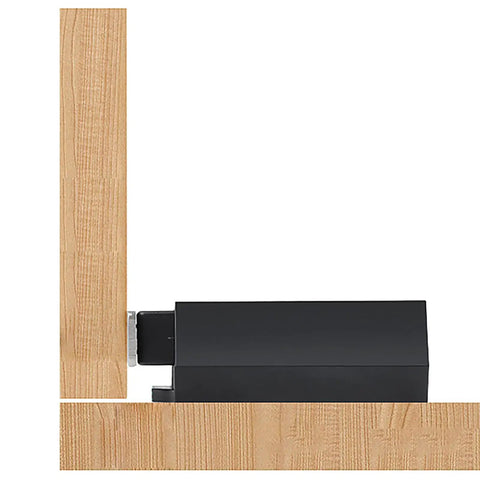Invisible Push To Open Cabinet Latches For Modern Kitchen And Bathroom Drawers in sleek black metal installed on wood.