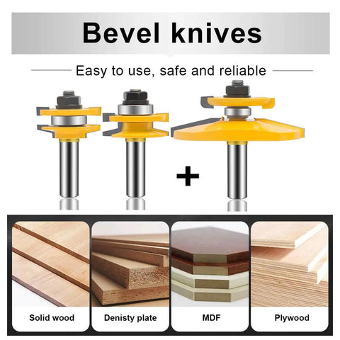 Pro Grade 3 Piece Router Bit Set With Half Inch Shank for woodworking and cabinet making; solid wood and MDF compatibility.