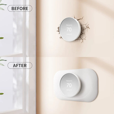 Before and after installation of Snow Color Nest Thermostat Trim Kit For Google Nest Thermostat 2020 Easy To Install Modern Wall Plate