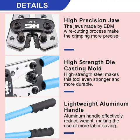 Beefy Battery Cable Crimp Tool showing high precision jaw, die casting mold, and aluminum handle.